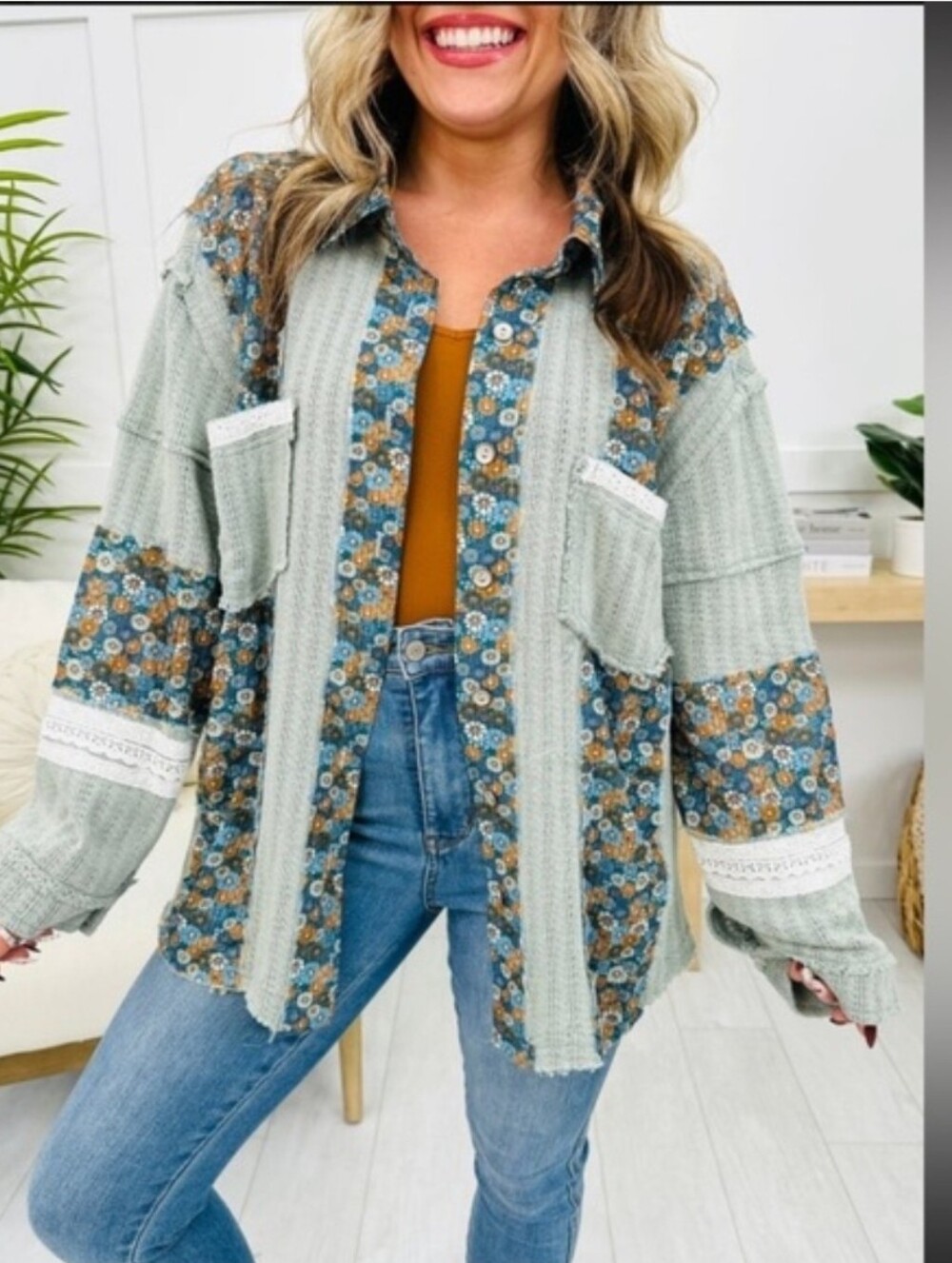 NEW!!! POL Women's Sage Floral Patchwork Button-Up Shirt Jacket, Sz Large